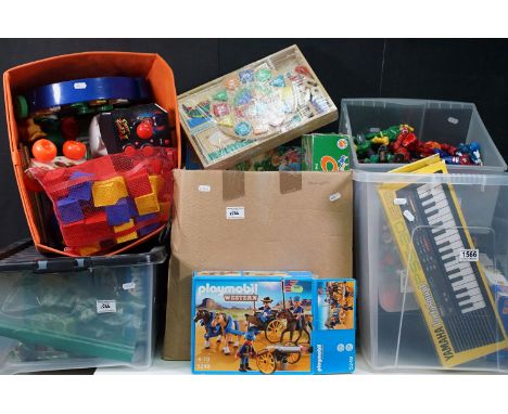 Collection of Playmobil, Hasbro figures, electronic games, etc to include 4 x boxed Playmobil sets (3789, 3470, 5249 &amp; 48