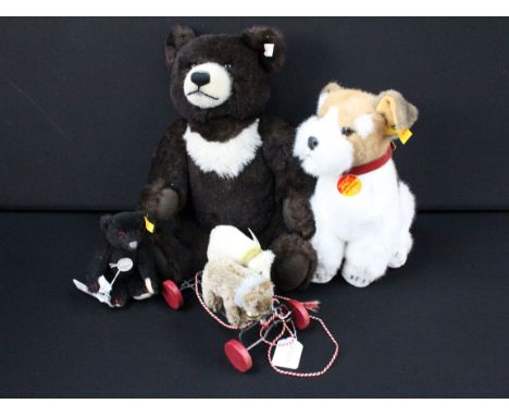Four Steiff teddy bears to include Foxy Foxterrier, Growler teddy bear, Gallop teddy bear pull along bears on wheeled metal f