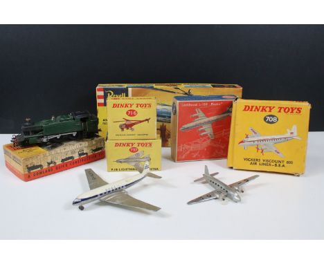 Five boxed diecast and plastic model aircraft to include Dinky 716 Westland Sikorsky Helicopter, Dinky 737 P.IB Lightning Fig