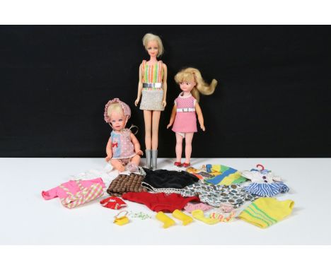 Quantity of dolls and clothing to include Mattel Twiggy fashion doll in Twiggy Turnouts outfit, Mattel Cheerful Tearful doll,