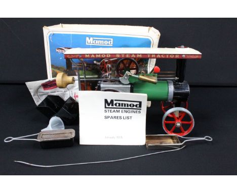 Steam Engine - Boxed Mamod TE1A Steam Tractor Steam Engine, in main body green with red spoked wheels, turning spoke, funnel,