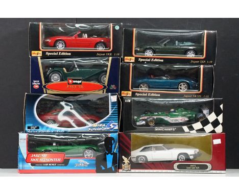 Eight boxed 1/18 diecast models to include Paul's Model Art Minichamps Jaguar Racing R4 M. Webber, Maisto Jaguar XKR, Maisto 