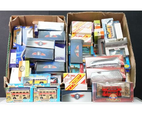 Around 65 boxed diecast model buses / trams to include Oxford Diecast Omnibus, Atlas Editions Classic Coaches Collection, Cla