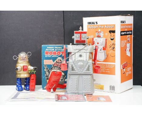 Two boxed tin plate and plastic robots to include Ha Ha Toy Battery Operated Remote Control Piston Action Robot and Ideal No.