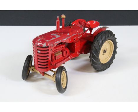 Large scale Moko Lesney Major Scale Massey Harris 745D Tractor in red with cream rims, showing some signs of paint chipping