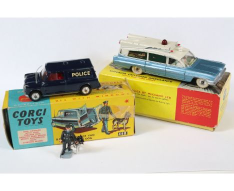 Two boxed emergency service diecast models to include Corgi 448 BMC Mini Police Van with tracker dog figure (with both figure