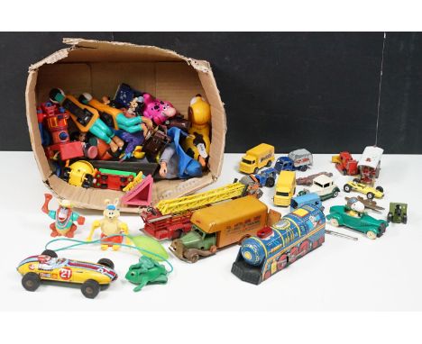Collection of mixed tin plate, diecast and toys to include Triang Minic Delivery Van, Yone clockwork train, tin plate racing 