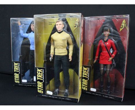 Three Boxed Mattel Barbie Collector Black Label Star Trek The Original Series figures featuring Lieutenant Uhura, Captain Kir