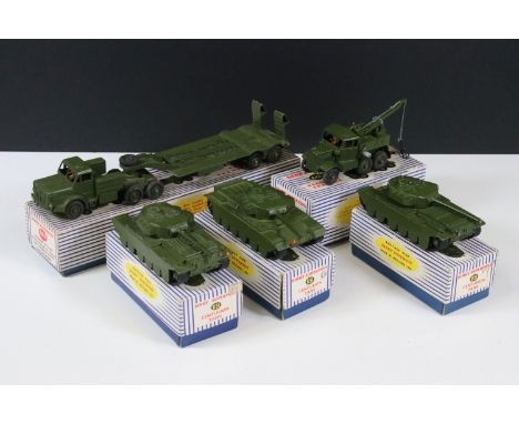 Five boxed Dinky Supertoys military diecast models to include 3 x 651 Centurion Tank, 660 Tank Transporter and 661 Recovery T