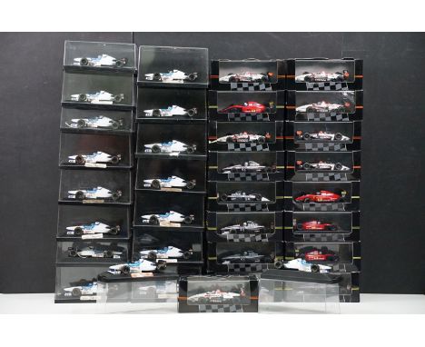 34 Cased / boxed Onyx diecast racing car models to include 16 x 276 Tyrrell Yamaha 024 Miksa Salo (a few with replacement cas
