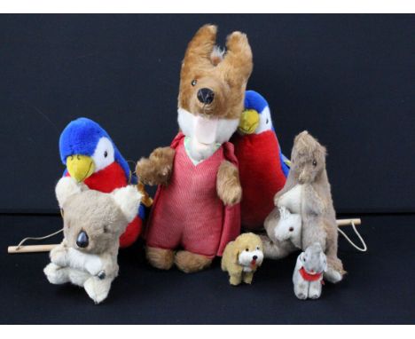 Collection of seven teddies to include Wendy Boston Basil Brush, 2 x parrots (Possibly Merrythought), clockwork Mascot Dog, e