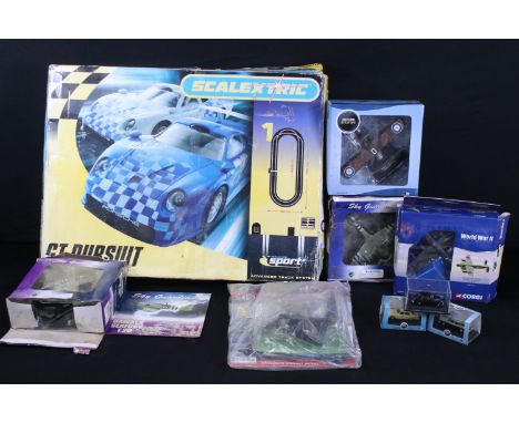 Boxed Scalextric Sport GT Pursuit Advanced Track System (appearing complete with both slot cars), plus 7 x boxed diecast mode
