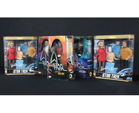 Three boxed Playmates Star Trek figures featuring Captain Kathryn Janeway, Captain Jean-Luc Picard &amp; Chief Engineer Montg