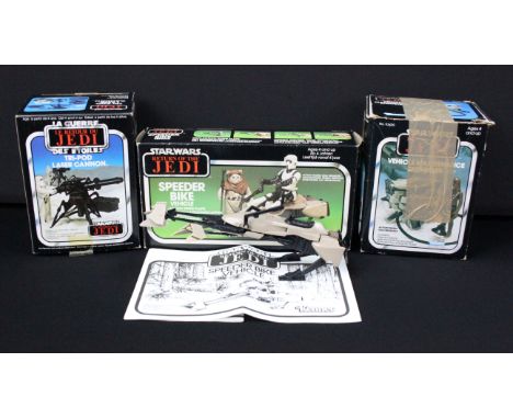 Star Wars - Three original boxed Star Wars Return Of The Jedi vehicles to include Speeder Bike Vehicle, Tri-Pod Laser Cannon 
