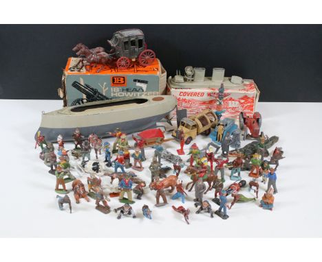 Quantity of play worn metal figures, animals and diecast models to include Britains, Dinky and Timpo examples featuring boxed