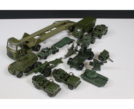 11 Mid 20th C military diecast models to include Dinky AEC Articulated Lorry, Matchbox Major Pack No. 3 Sankey 50 Ton Tank Tr
