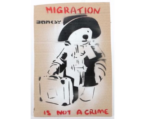 Banksy1974. "Migration is not a crime", verso handschriftlich bez., dat. '15, num. "5/15 und gestempelt, Pochoir auf Karton, 