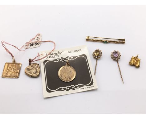 Two 9ct gold pendants with a small lockets and stick pins etc.