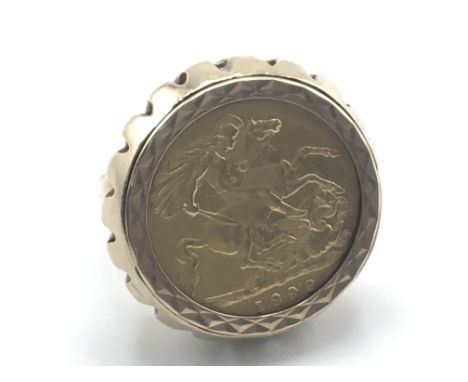 A 1899 half Sovereign ring set in 9ct. 9.5g and size L Postage B