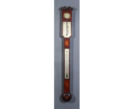 A George III Mahogany Stick Barometer and Thermometer, by Thomas Knight of Thaxted, with bayonet pattern exposed tube with si