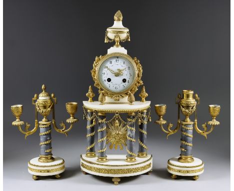 A Late 19th/Early 20th Century French Gilt Brass White and Grey Marble Three-Piece Clock Garniture, the clock by Vincenti &am