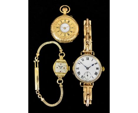 A Lady's Swiss 14k Gold Half Hunting Cased Keyless Pocket Watch, the white enamel dial with Roman numerals, engraved outer ca