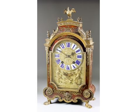 A Louis XIV Red Tortoiseshell Boulle and Gilt Brass Mounted Mantel Clock, by Andre Hory of Paris, the gilt brass dial with ra