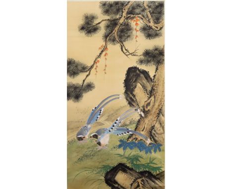 Chinese School - Oil painting in watercolours - two exotic birds in landscape beneath pine tree, 47ins x 24.25ins, mounted on