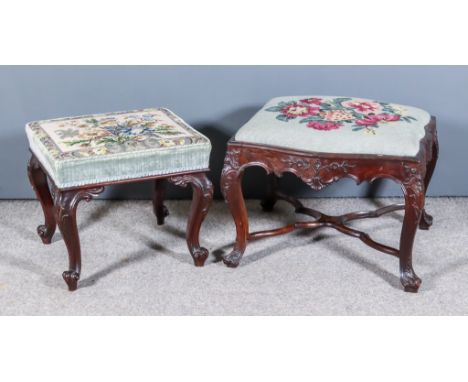 A Victorian Rosewood Framed Rectangular Stool, of shaped and moulded outline, with shaped rails, on shaped, moulded and carve