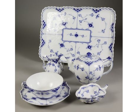 A Royal Copenhagen Blue and White porcelain "Onion Flower" Pattern Cabaret Set for one person, comprising rectangular tray wi