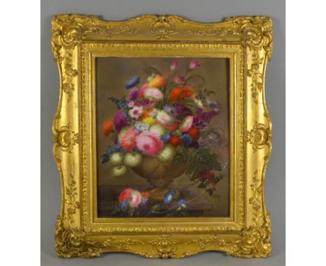 19th Century English School - Rectangular porcelain plaque finely enamelled in colours with a stone vase of mixed flowers on 