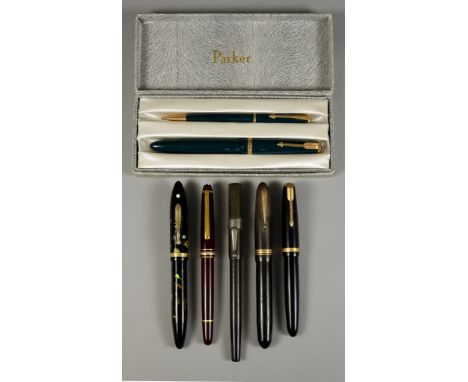 A Vintage Sheaffer Fountain Pen with abalone 14k gold nib, in unusual black casing inset with mica, a 1950's Montblanc Meiste