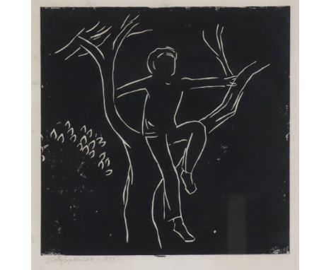***Unity Spencer (1930-2017) - Linocut - Boy in tree, signed and dated 1973, 12ins square, in oak frame and glazed and Lithog