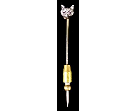 A 9ct Gold Fox Mask Stick Pin, set with small diamonds and rubies, 65mm length, gross weight 3.5g