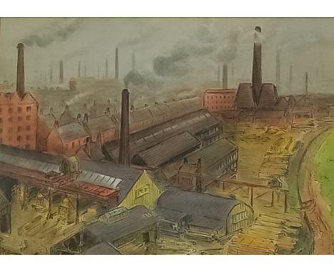 Mrs G. Christiansen (20th Century School) - Pen and watercolour- "Timber Yard" - Industrial scene with town to background, in