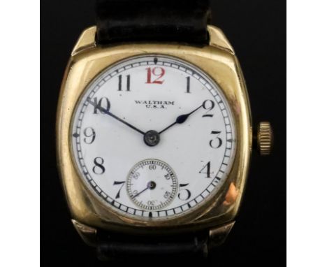 A Waltham Wristwatch, Early 20th Century, 9ct Gold Cased, the white enamel dial with Arabic numerals and subsidiary seconds d