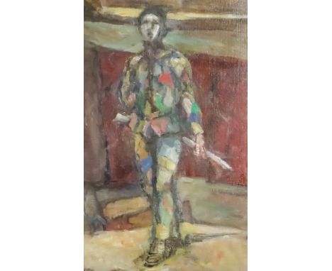 ***Nancy Carline (1909-2004) - Oil painting - "Harlequin" - Full length portrait of a theatrical harlequin, monogrammed, arti