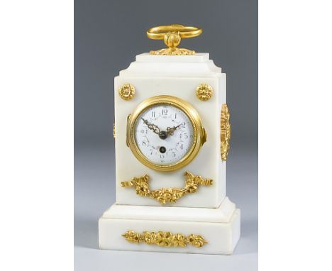 A Late 19th/Early 20th Century French White Marble and Gilt Brass Cased Mantel Timepiece, the 2.125ins diameter white enamel 