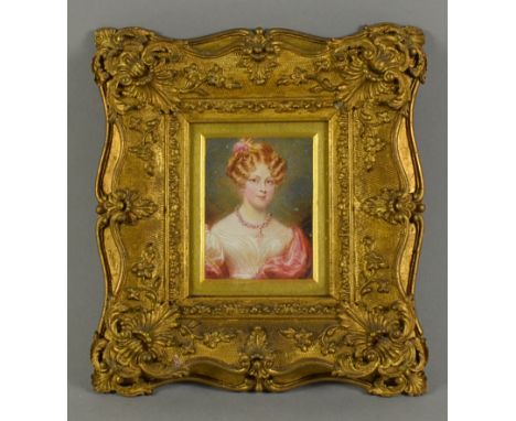 19th Century English School - Miniature shoulder-length portrait of a Mrs Passingham, with coiffed hair and wearing ornate ne
