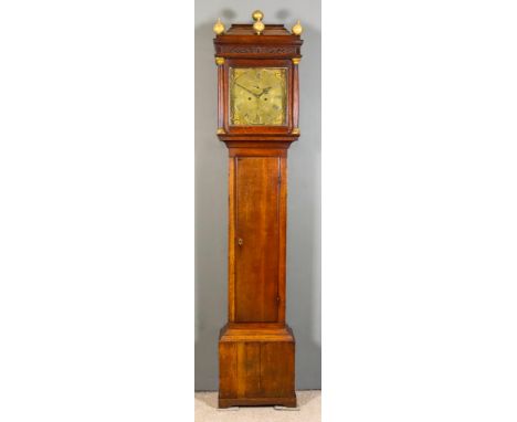 An 18th Century Oak Longcase Clock by Brice of Sandwich, the 12ins square brass dial with wide brass chapter ring (formerly s