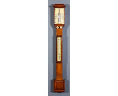 A Late Victorian Oak Cased Stick Barometer and Thermometer, the ivorine scales with twin adjustable verniers and mercury ther