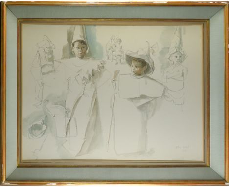 ***John Stanton Ward (1917-2007) - Pen and watercolour sketch - Two boys wearing paper hats and costumes, signed in full in p