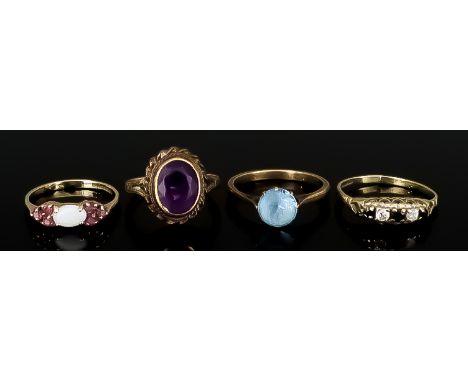 Four 9ct Gold Gem Set Rings, Modern, sizes O, N, K, J, total gross weight 7.5g