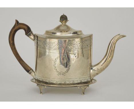 A George III Silver Oval Teapot and Matching Teapot Stand, by Alexander Field, London 1800, the body engraved with bands of t