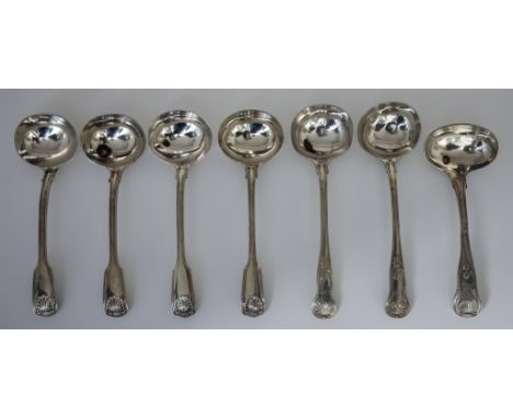 Two Pairs of Victorian Silver Fiddle Thread and Shell Pattern Sauce Ladles, a Pair of George IV Kings Pattern Sauce Ladles, a