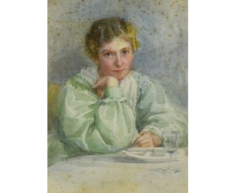 H. E. Gruce (late 19th/early 20th Century English School) - Watercolour - Portrait of a young woman wearing green dress, seat