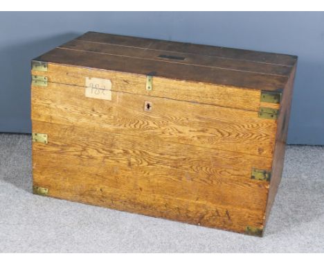 @A Victorian Brass Bound Oak Rectangular Plate Chest, the lid bearing brass plaque "L. E. Bushe", the interior with two remov