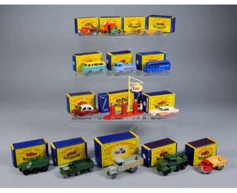 A Collection of Thirteen Lesney Diecast "Matchbox" Model Vehicles, including - AEC Bea coach (No.58), horse-drawn milk float 