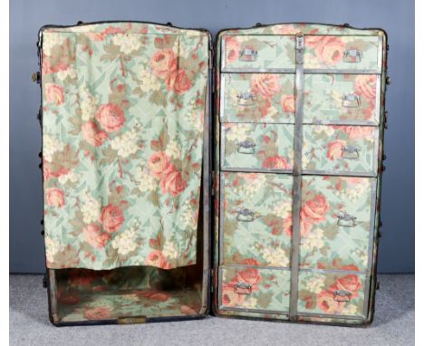 A 1920's American Black Fibre and Metal Mounted Cabin/Wardrobe Trunk, by The Stands-Well Trunk Company of Philadelphia, USA, 