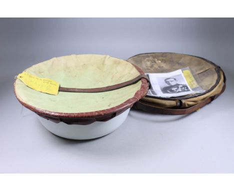 A Portable Enamel Personal Wash Basin with Canvas Bag, the property of the late Colonel Gerald Stewart Oxley, M.C.KRRC, 16ins